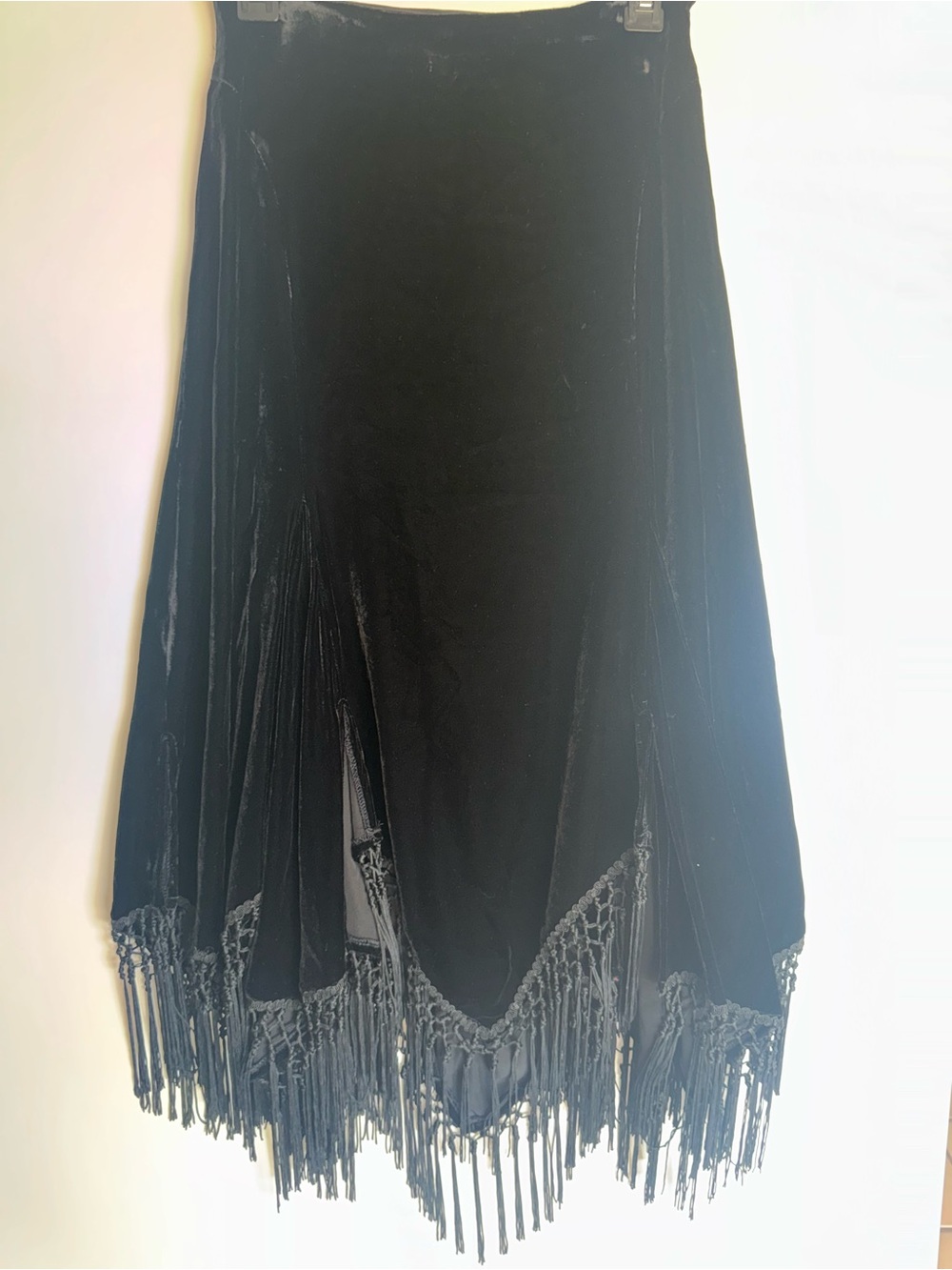 Black Velvet Fringe Midi Skirt Size 2 Boho Gothic Festival Handkerchief Hem - Picture 4 of 6